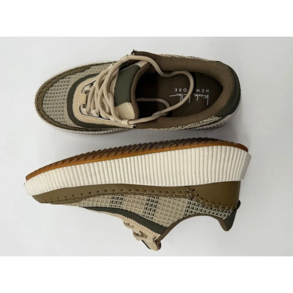 Nicole Miller Platform Sneakers Womens 8 Olive Tan Excellent Mixed Media Mesh